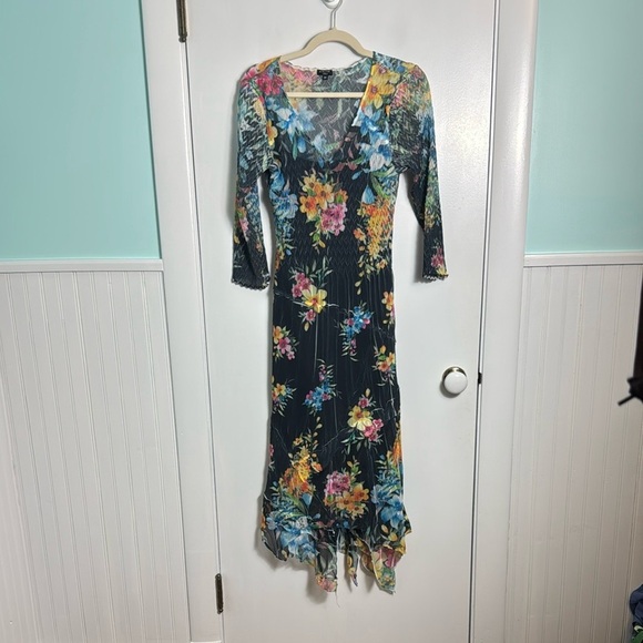 Komarov Black Floral Midi Asymmetrical Lagenlook 3/4 Sleeve Dress Medium - Picture 2 of 12